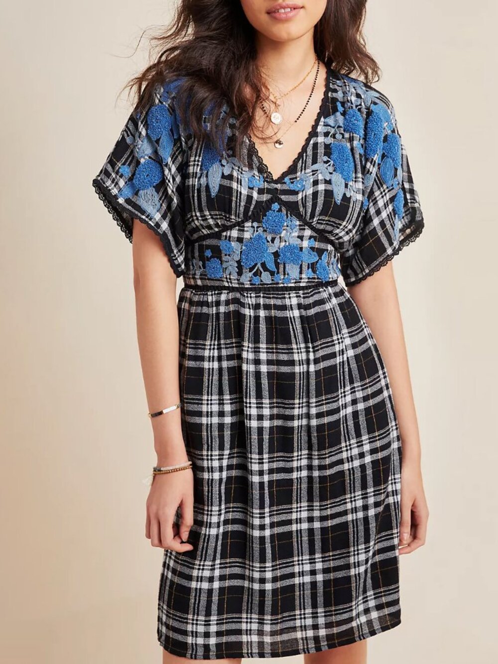 Anthropologie Black and Blue Plaid Mini Dress with Floral Embroidery
